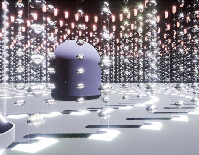 동해 심해 중성미자 검출기 상상도. 돔형 구조물은 일본 양성자가속기연구소(J-PARC)에서 날아온 중성미자 빔을 검출하고, 주변으로 늘어선 해저 검출기들은 우주에서 날아온 중성미자를 잡아낸다. 유종희 서울대 교수 제공