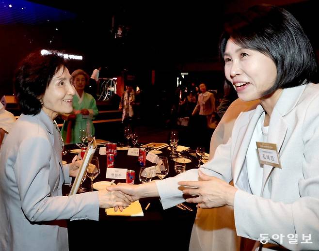 국민의힘 김문수 대선 후보의 부인 설난영 씨와 더불어민주당 이재명 후보의 부인 김혜경 씨가 12일 서울 장충동 신라호텔에서 열린 중앙신 도회 창립 70주년 기념식에 참석해 악수하고 있다. 박형기 기자 oneshot@donga.com