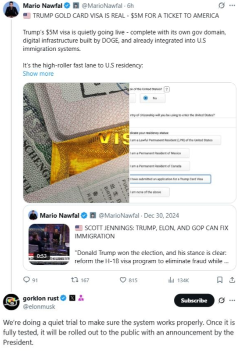 일론 머스크 테슬라 최고경영자(CEO)가 도널드 트럼프 미국 대통령의 얼굴이 새겨진 '골드카드'의 전산 시스템을 테스트 중이라고 밝혔다. 사진=머스크 엑스 캡처