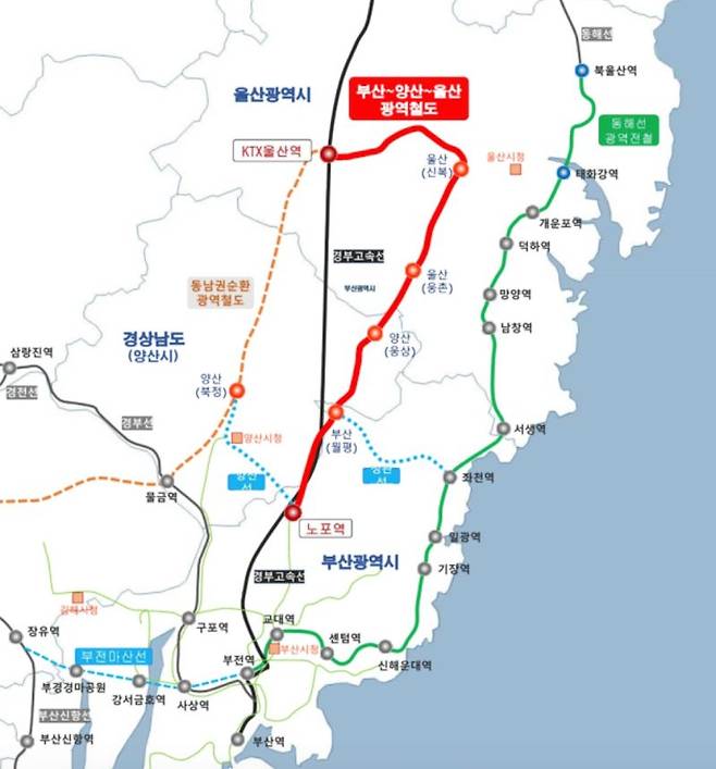 울산~양산~부산 광역철도(빨간색)