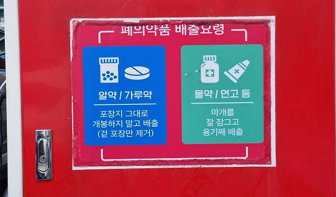 폐의약품 배출 요령이 수거함 겉면에 안내되어 있다.