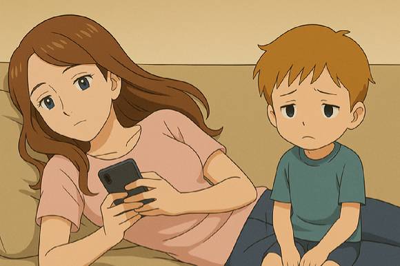 자녀 곁에서 부모가 스마트폰이나 태블릿을 자주 사용하면 자녀의 뇌 발단과 정서 건강에 악영향을 줄 수 있다는 연구 결과가 나왔다. [사진=챗GPT]