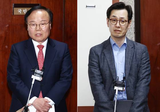 김문수 국민의힘 대통령 후보 대리인인 김재원 비서실장(왼쪽)과 한덕수 무소속 대선 예비후보 대리인인 손영택 전 국무총리 비서실장이 9일 서울 여의도 국회에서 열린 단일화 협상 관련 회동을 마치고 각각 브리핑을 하고 있다. 이날 단일화 협상은 결렬됐다. 뉴스1