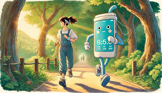 사람과 러닝 앱이 함께 달리는 모습을 챗GPT를 활용해 이미지화 한 모습.