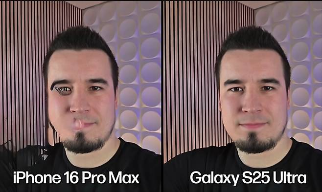 기괴한 사진의 아이폰16 프로맥스(왼쪽)와 갤럭시S25 울트라 (오른쪽) AI기능 비교   [맥스 테크(Max Tech)] 화면 캡처