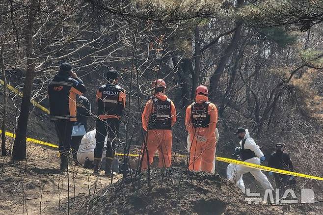 [의성=뉴시스] 이상제 기자 = 31일 경북 대형산불 최초 발화 추정 지점인 의성군 안평면 괴산리 야산에서 국립과학수사연구원, 소방당국, 경찰 등이 합동 감식을 하고 있다. 202503.31. king@newsis.com