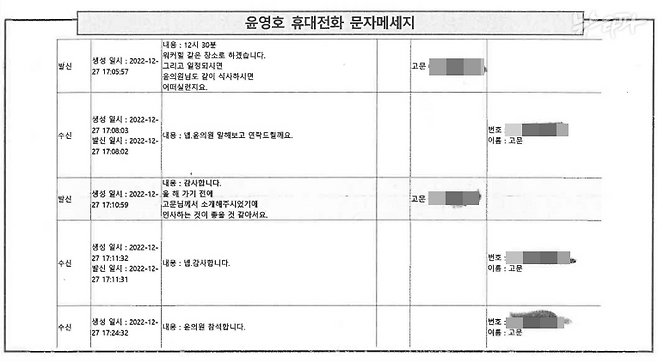 ▲ 2022년 12월 27일 윤영호 전 통일교 세계본부장-건진법사 문자메시지. 검찰이 윤 전 본부장의 휴대전화를 포렌식해 복원했다.