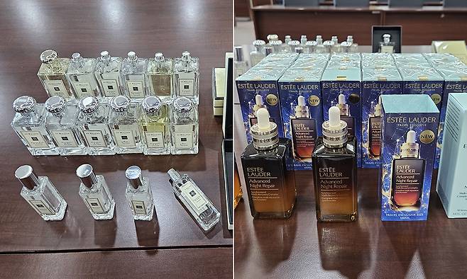 미국산 유명 화장품인 에스티로더·조말론으로 둔갑한 중국산 위조 화장품.
