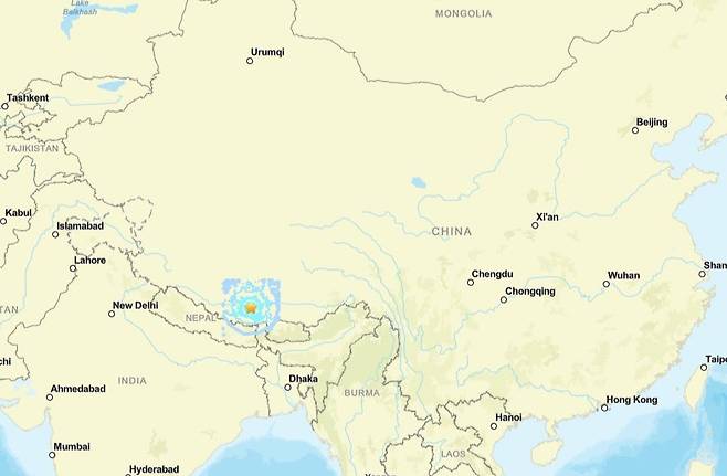티베트 지진 [미국 지질조사국(USGS) 캡처]