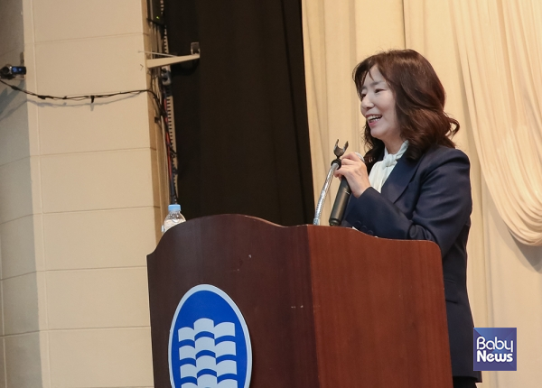 신미숙 한국유치원총연합회 이사장이 지난 3월 25일 한국교총회관에서 열린  취임식에서 인사말을 하고 있다. 이효상 기자 ⓒ베이비뉴스