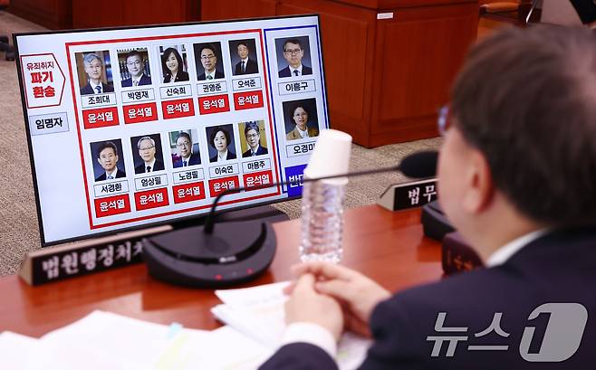 배형원 법원행정처 차장(오른쪽)이 2일 오전 서울 여의도 국회에서 열린 법제사법위원회 전체회의에서 이재명 더불어민주당 대통령 후보 공직선거법 위반 사건과 관련한 대법원의 유죄취지 파기환송 판결 관련 질의에 답변하고 있는 가운데 조희대 대법원장을 비롯한 파기환송에 찬성한 대법관들의 얼굴 사진이 나오고 있다. 2025.5.2/뉴스1 ⓒ News1 김민지 기자