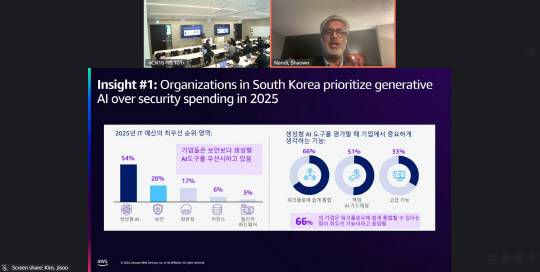 13일 서울 강남구 센터필드 AWS코리아에서 열린 화상 인터뷰에서 샤운 난디 AWS AGS 테크놀로지 디렉터가 국내 기업의 생성형 AI 도입 현황에 대해 발표하고 있다. AWS 제공