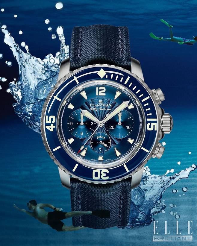 크리스털 사파이어 소재의 양방향 회전 베젤을 탑재한 '피프티 패텀즈 플라이백 크로노그래프'는 BLANCPAIN.