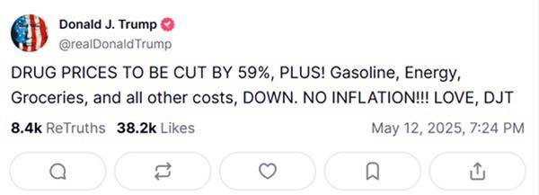 트럼프 대통령은 자신의 소셜미디어를 통해 "약가가 59% 인하될 것"이라고 밝혔다.​/사진=트루스소셜 캡처