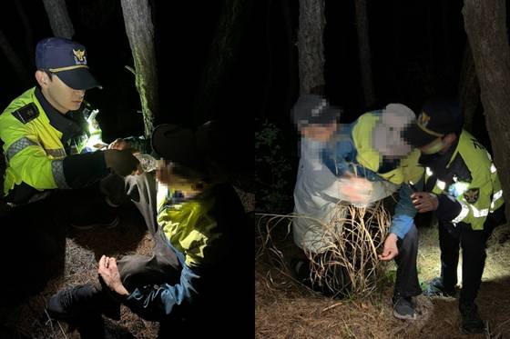 지난 4일 오후 대구 동구의 한 산에서 실종된 치매 노인이 경찰 수색으로 발견돼 가족의 품으로 돌아갔다. [사진 대구경찰청]