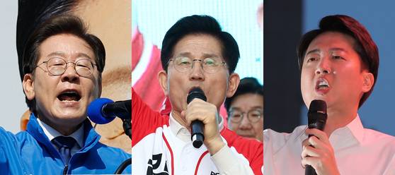 이재명 더불어민주당, 김문수 국민의힘, 이준석 개혁신당 대통령 후보가 공식 선거운동이 시작된 12일 각각 서울 청계광장, 대구 서문시장, 서울 청계광장에서 지지를 호소하고 있다. 중앙포토