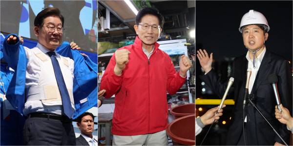 제21대 대통령 선거 공식 선거운동이 시작된 12일 첫 일정으로 더불어민주당 이재명(왼쪽부터) 후보는 서울 광화문 청계광장, 국민의힘 김문수 후보는 서울 송파구 가락시장, 개혁신당 이준석 후보는 전남 여수시 금호피앤비화학 여수2공장을 방문했다. 연합뉴스