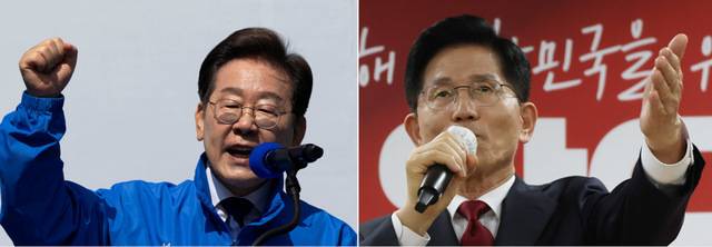 이재명 민주당 대통령 후보가 12일 오전 서울 광화문 청계광장에서 열린 '빛의 혁명' 대선 출정식에서 연설을 하고 있다. 오른쪽 사진은 김문수 국민의힘 대선 후보가 12일 대전 동구 대전시당사에서 열린 충청권 선거대책위원회 출정식에서 발언하고 있다. 이병주 기자, 대전=최현규 기자