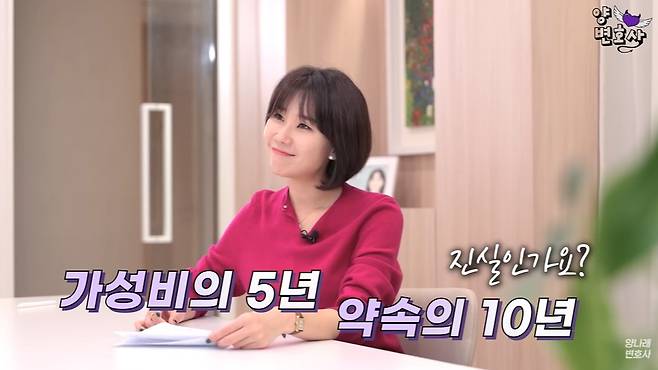 온라인에서 "혼인 기간에 따라 이혼 시 재산분할 비율이 정해진다"는 내용의 주장이 떠도는 것에 대해 양나래 변호사가 "사실과 다르다"고 일축했다. /사진=유튜브 채널 '양나래 변호사' 캡처