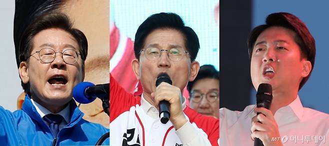 이재명 더불어민주당 대선후보, 김문수 국민의힘 대선후보, 이준석 개혁신당 대선후보가 지난 12일 각각 서울 청계광장, 대구 서문시장, 서울 청계광장에서 지지를 호소하고 있다. / 사진=뉴스1