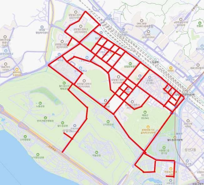 서울형 정밀도로지도 시범 구축 지역(마포구 상암동 일대 약 20㎞)/자료=서울