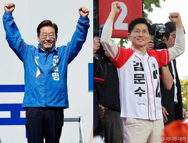 (서울·대구=뉴스1) 안은나 기자,김민지 기자 = 이재명 더불어민주당 대통령 후보(왼쪽), 김문수 국민의힘 후보가 제21대 대통령 선거 공식 선거운동 첫날인 12일 서울 중구 청계광장, 대구 서문시장에서 각각 지지를 호소하고 있다. 2025.5.12/뉴스1  Copyright (C) 뉴스1. All rights reserved. 무단 전재 및 재배포,  AI학습 이용 금지. /사진=(서울·대구=뉴스1) 안은나 기자,김민지 기자