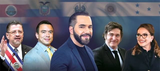 로드리고 차베스(왼쪽부터) 코스타리카 대통령, 다니엘 노보아 에콰도르 대통령, 나이브 부켈레 엘살바도르 대통령, 하비에르 밀레이 아르헨티나 대통령, 시오마라 카스트로 온두라스 대통령.   로이터통신 AFP 연합뉴스, 그래픽 = 전승훈 기자