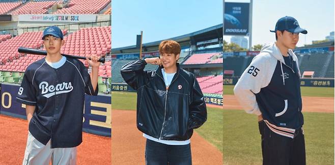 스파오와 두산베어스 협업 제품을 착용한 김민석, 김재환, 최승용 [이랜드 스파오 제공]
