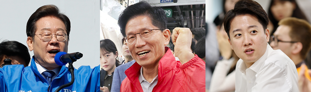제21대 대통령선거 공식 선거운동 첫날인 12일 각 당의 대선주자들이 본격적인 선거 레이스에 돌입했다. (왼쪽부터) 이날 이재명 더불어민주당 후보는 서울 중구 광화문 청계광장, 김문수 국민의힘 후보는 서울 송파구 가락시장, 이준석 개혁신당 후보는 서울 서대문구 연세대학교에서 유권자들과 만났다. 김소진 기자, 연합뉴스