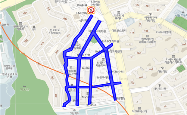 서초구 반포 학원가 PM 통행금지 도로 구간. 서울시