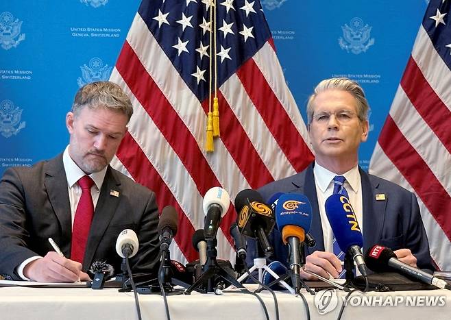 미중 무역합의 기자회견하는 미국 재무부 장관 [제네바 로이터=연합뉴스. 재판매 및 DB 금지]