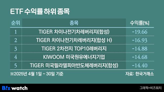 ETF 수익률 하위 종목/그래픽=비즈워치