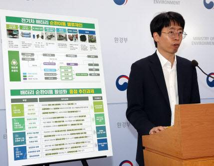 배정한 환경부 이차전지순환이용지원단 부단장이 지난 13일 정부세종청사 환경부 기자실에서 배터리 순환이용 활성화 방안에 관해 설명하고 있다. (사진=연합뉴스)