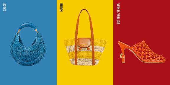 위빙 자수를 넣어 로고를 입체적으로 구현한 라운드 토트백. 300만 원대 끌로에. | 컬러 배색의 스트로와 가죽 디테일로 마무리해 고급스러움이 느껴진다. 112만 원 마르니. | 오렌지 컬러의 위빙 디테일과&nbsp;개구리 참 장식이 시각적 임팩트를 준다. 234만 원 보테가베네타.