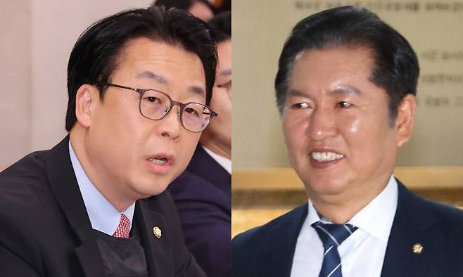 14일 국회에서 법제사법위원회 전체회의에서 방탄복을 입고 참석한 국민의힘 곽규택 의원(왼쪽)과 3월26일 정청래 민주당 의원. 연합뉴스