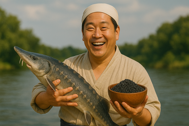 국내에서 처음 철갑상어 양식에 성공한 충남도가 민물고기센터를 통해 5만여 마리의 철갑상어 치어를 교육을 마친 어업인에게 지원했다. 한 어업인이 철갑상어와 캐비어를 들고 활짝 웃고 있다. 한국일보 인공지능 HAI가 그린 가상 이미지.
