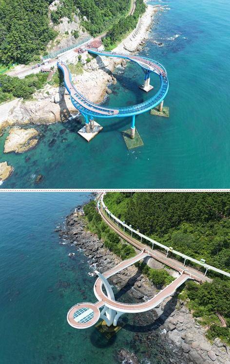 부산 해운대 청사포 다릿돌전망대(위)와 해월전망대. 해운대구 제공