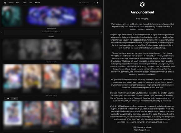 웹툰·웹소설 불법 유통 사이트 리퍼스캔스 웹사이트 화면(왼쪽)과 리퍼스캔스 폐쇄 공지 [사진=카카오엔터테인먼트]