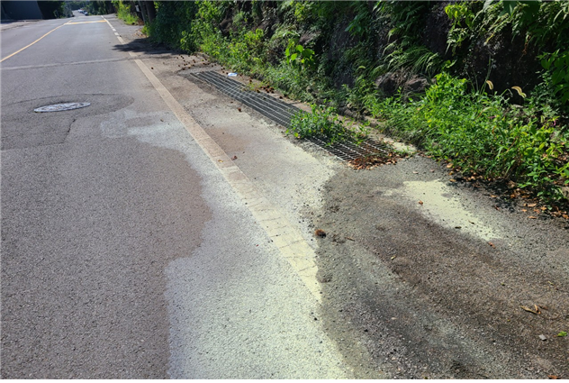 지난해 서귀포시 대정읍에서 적발된 농약 무단 방류 현장. 농약이 흐른 도로 위 노란 자국이 선명하다. (서귀포시 제공)