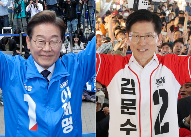 ▲ 제21대 대통령 선출을 위한 공식 선거운동 이틀째인 13일 더불어민주당 이재명 대선 후보(왼쪽)가 대구광역시 동성로 거리에서, 국민의힘 김문수 대선 후보가 울산 남구 신정시장에서  집중 유세를 하고 있다.  연합뉴스