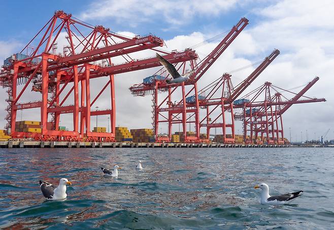 Cranes are idle at the Port of Long Beach in California on Monday. Despite the recent easing of US-China trade tensions, Washington is widely expected to continue pursuing countervailing measures against Chinese graphite and other critical materials. (Bloomberg)