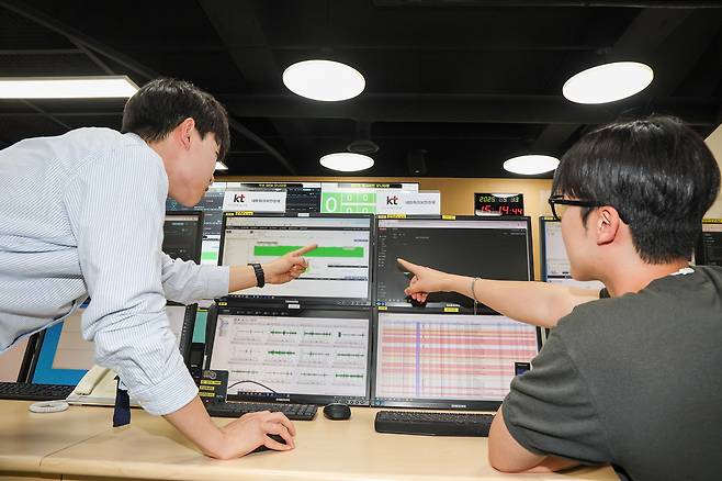 KT 직원들이 경기도 과천에 위치한 KT 통합관제센터에서 디도스(DDoS) 등 사이버 공격에 대비하며 관제하는 모습  [KT 제공]