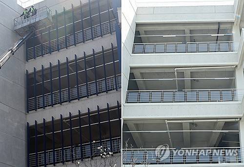 창원NC파크 외장 마감재 루버 전체 철거 (창원=연합뉴스) 김동민 기자 = 29일 오후 경남 창원시 마산회원구 창원NC파크 야구장 외장 마감재 '루버'가 철거된 모습.      왼쪽 사진은 지난 1일 루버 안전 점검을 하는 모습. 2025.4.29 image@yna.co.kr