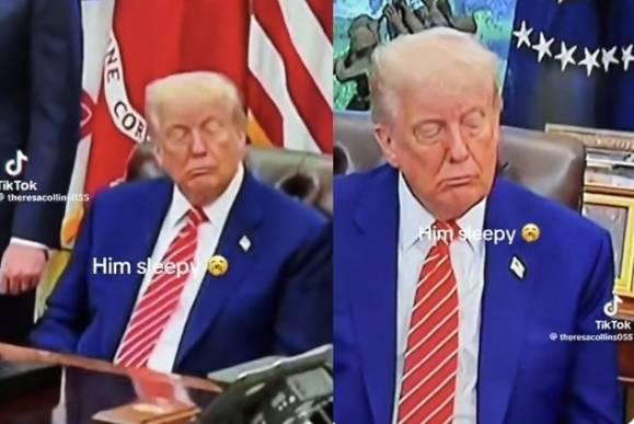 도널드 트럼프 미국 대통령이 13일(현지시간) 사우디아라비아 리야드 왕궁에서 열린 서명식에서 졸린 듯 조는 모습이 포착됐다. 엑스(X)에서 공유된 NBC 뉴스 화면.
