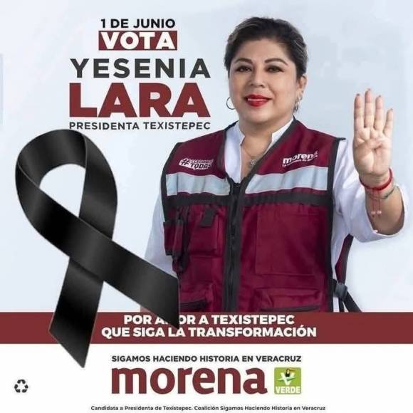 11일(현지시간) 멕시코 동부의 베라크루스주에서 텍시스테펙시 시장 선거에 출마한 집권당 국가재생운동(MORENA·모레나) 소속 예세니아 라라 구티에레스 후보가 거리 유세 중 무장 괴한들의 총에 맞아 숨졌다. 사진은 숨진 구티에레스의 선거 포스터. 2025.5.11 페이스북