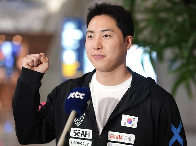 세계탁구선수권 출전을 앞두고 파이팅 외치는 임종훈 [촬영 이동칠]