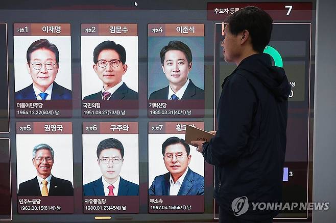 본격 레이스 시작된 제21대 대선 (과천=연합뉴스) 서대연 기자 = 제21대 대통령 선거를 22일 앞두고 공식 선거운동이 시작된 5월 12일 경기도 과천시 중앙선거관리위원회 현황판에 대선 후보자 등록현황 등이 표시돼 있다. [연합뉴스 자료사진]