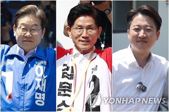 이재명, 김문수, 이준석 후보 (부산·진주=연합뉴스) 14일 부산 유세 나선 이재명 후보(왼쪽부터), 진주에서 유세하는 김문수 후보, 부산대 학생들 만난 이준석 후보
