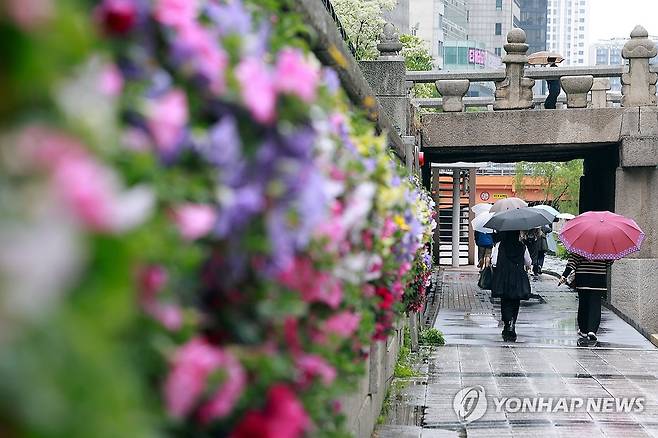 봄에 내리는 비 (서울=연합뉴스) 신현우 기자 = 전국 대부분 지역에 비가 내린 9일 서울 청계천에서 우산을 쓴 시민이 이동하고 있다. 2025.5.9 nowwego@yna.co.kr