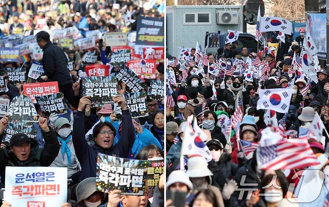 윤석열 대통령 탄핵 선고일인 4일 서울 도심에서 탄핵 찬반 집회가 열렸다. 사진은 이날 서울 종로구 안국역 인근에서 열린 찬성집회(왼쪽)과 용산구 한남동 대통령 관저 인근에서 열린 반대 집회. 2025.4.4/뉴스1 ⓒ News1 김성진 기자,이승배 기자